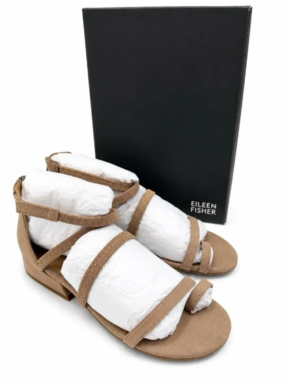 Eileen Fisher Emily Sandal Sz 9 Stone Tan Nubuck Gladiator Boho Minimalist NWT